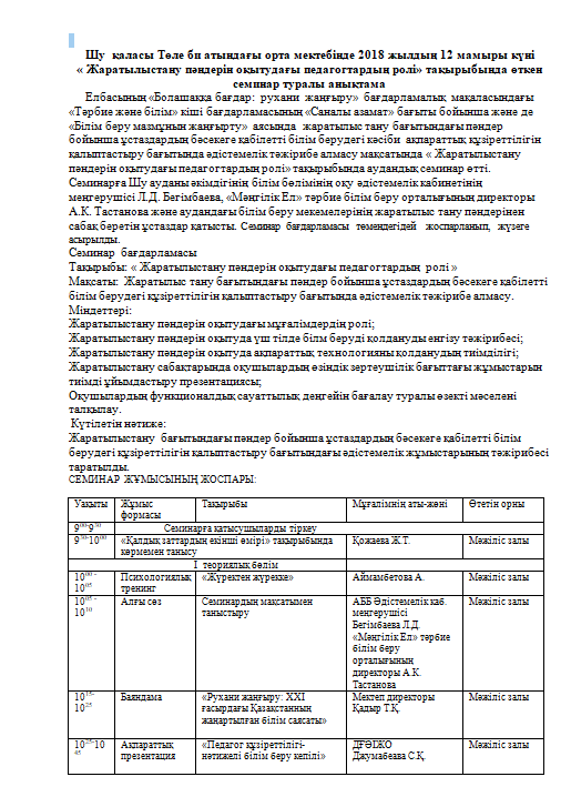 2018 жылдың 12 мамыры күні « Жаратылыстану пәндерін оқытудағы педагогтардың ролі» тақырыбында өткен  семинар туралы анықтама